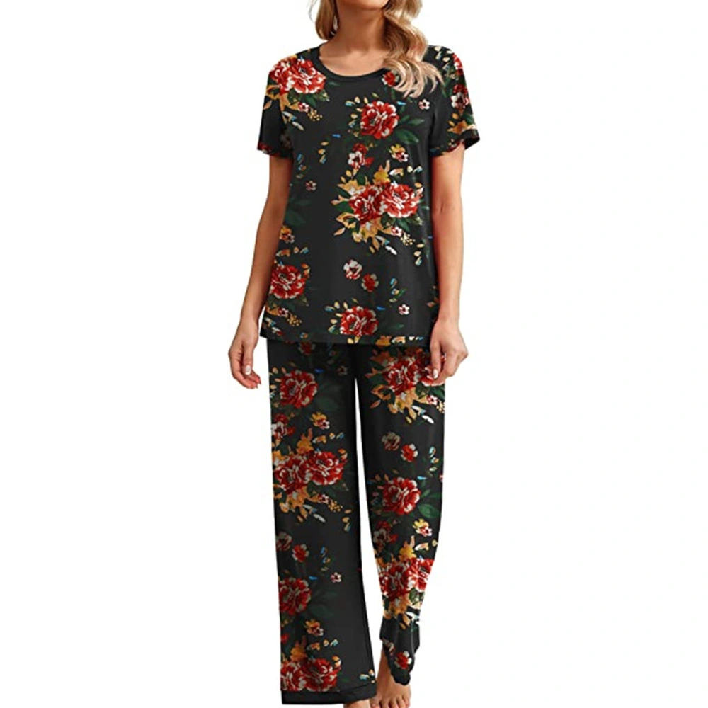 Women's Short Sleeve Tops Contrast Color/Floral Pants Sleepwear Sets