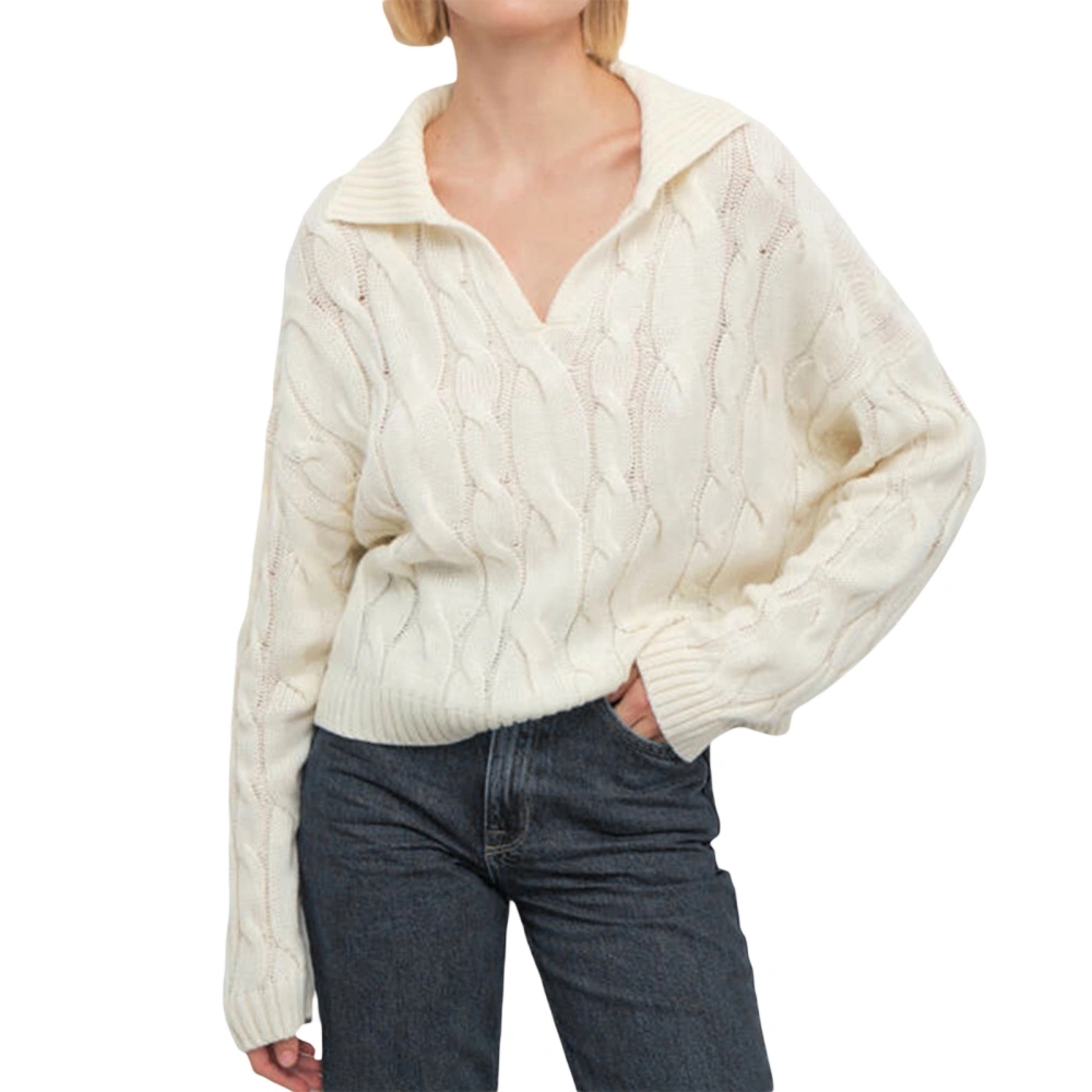 Women’s V Neck Sweater, Long Sleeve Cable Knit Lapel Jumper Tops