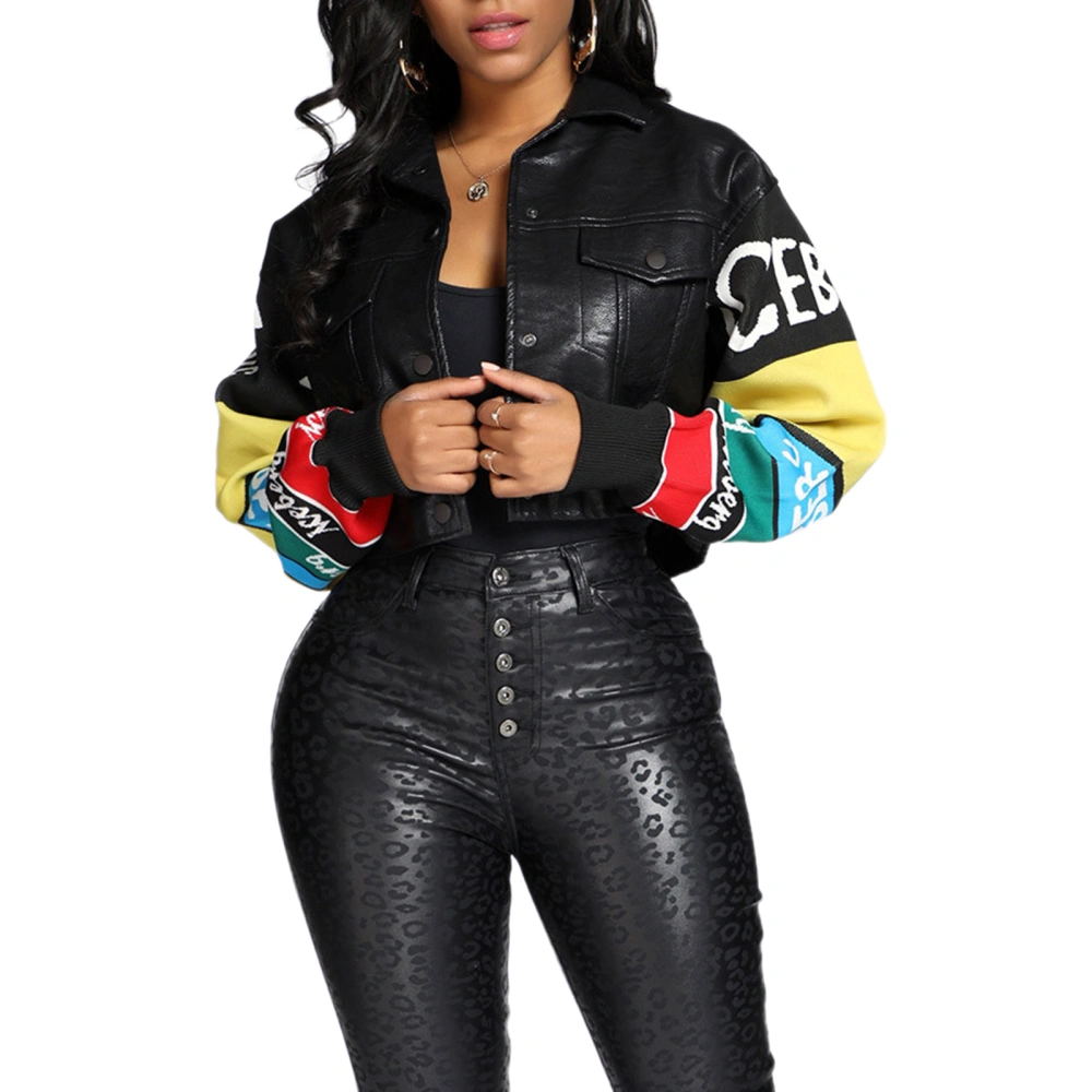 Women PU Leather Jacket, Patchwork Cartoon Lettering Lapel Coat