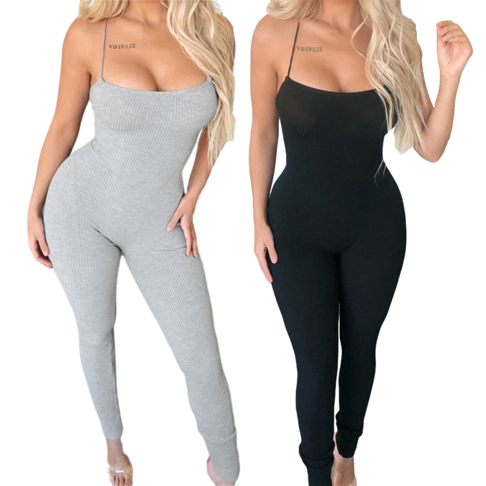 Women Summer Bodysuit, Solid Color Ribbed Backless Strappy Jumpsuit