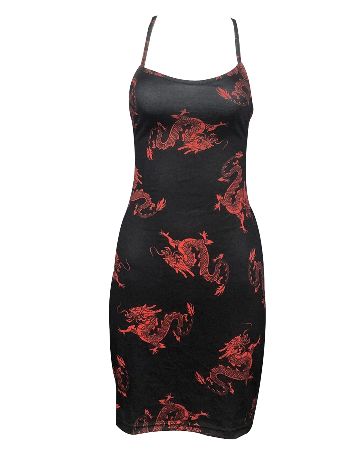 Women Summer Skirt, Dragon Printing Backless Cross Straps Sheath Dress