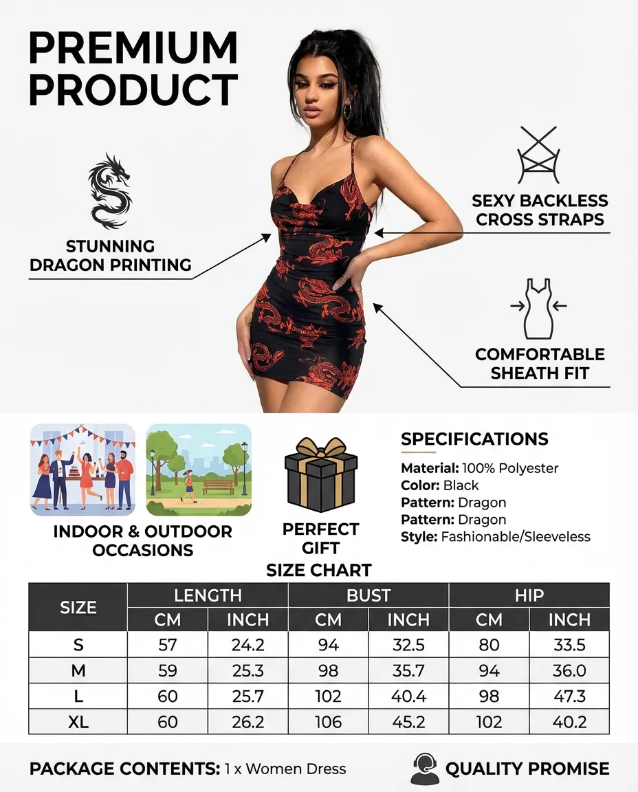 Women Summer Skirt, Dragon Printing Backless Cross Straps Sheath Dress