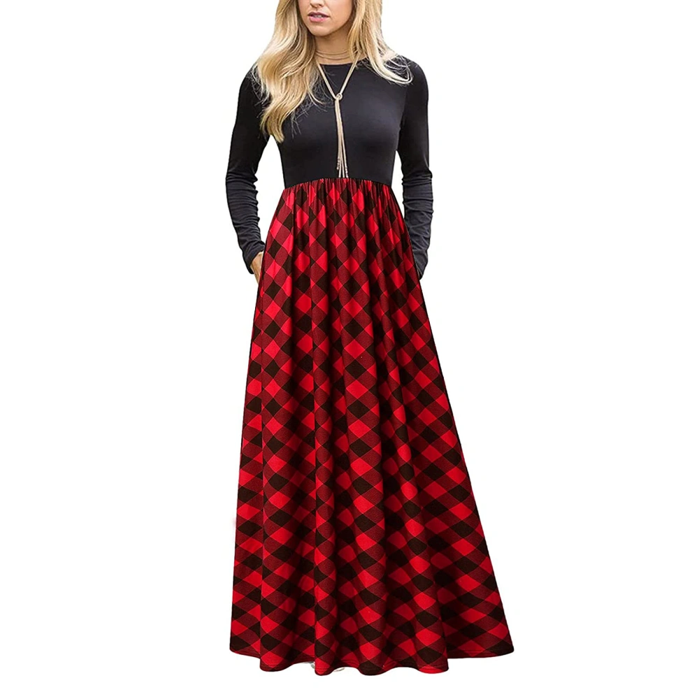 Women Lady Long-sleeved Long Dress Solid Color Stitching Plaid Dress 