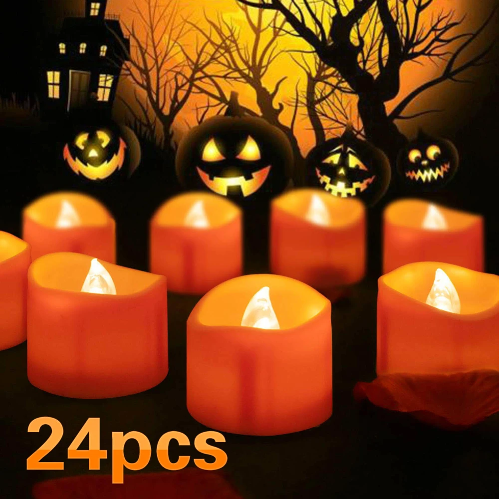 24 Pack Halloween Tea Lights, Realistic Orange Tea Candles, Battery Operated Flameless Tealights for Halloween, Fall Decorations