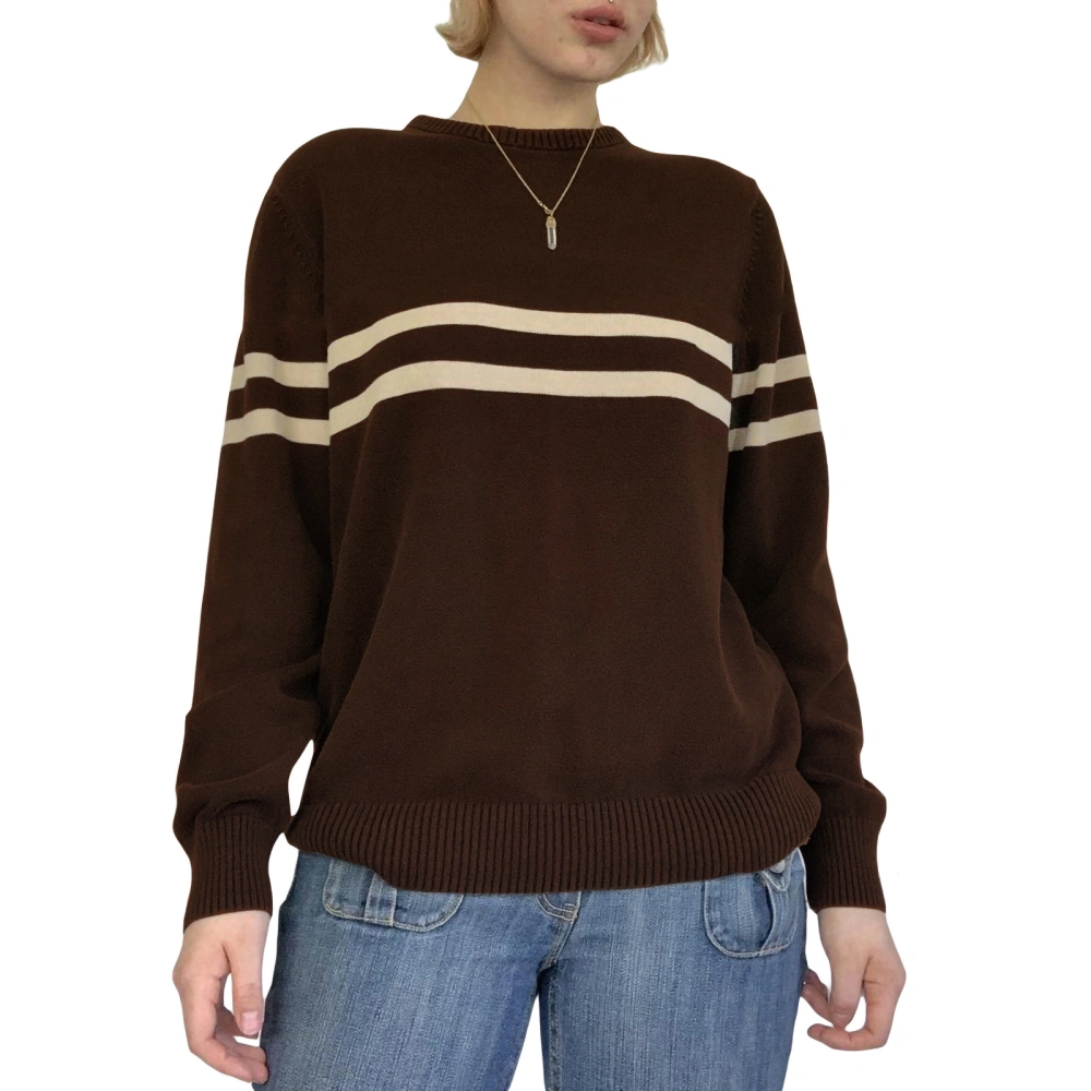 Women Fashion Wild Sweater Stripe Round Neck Long Sleeve Pullover