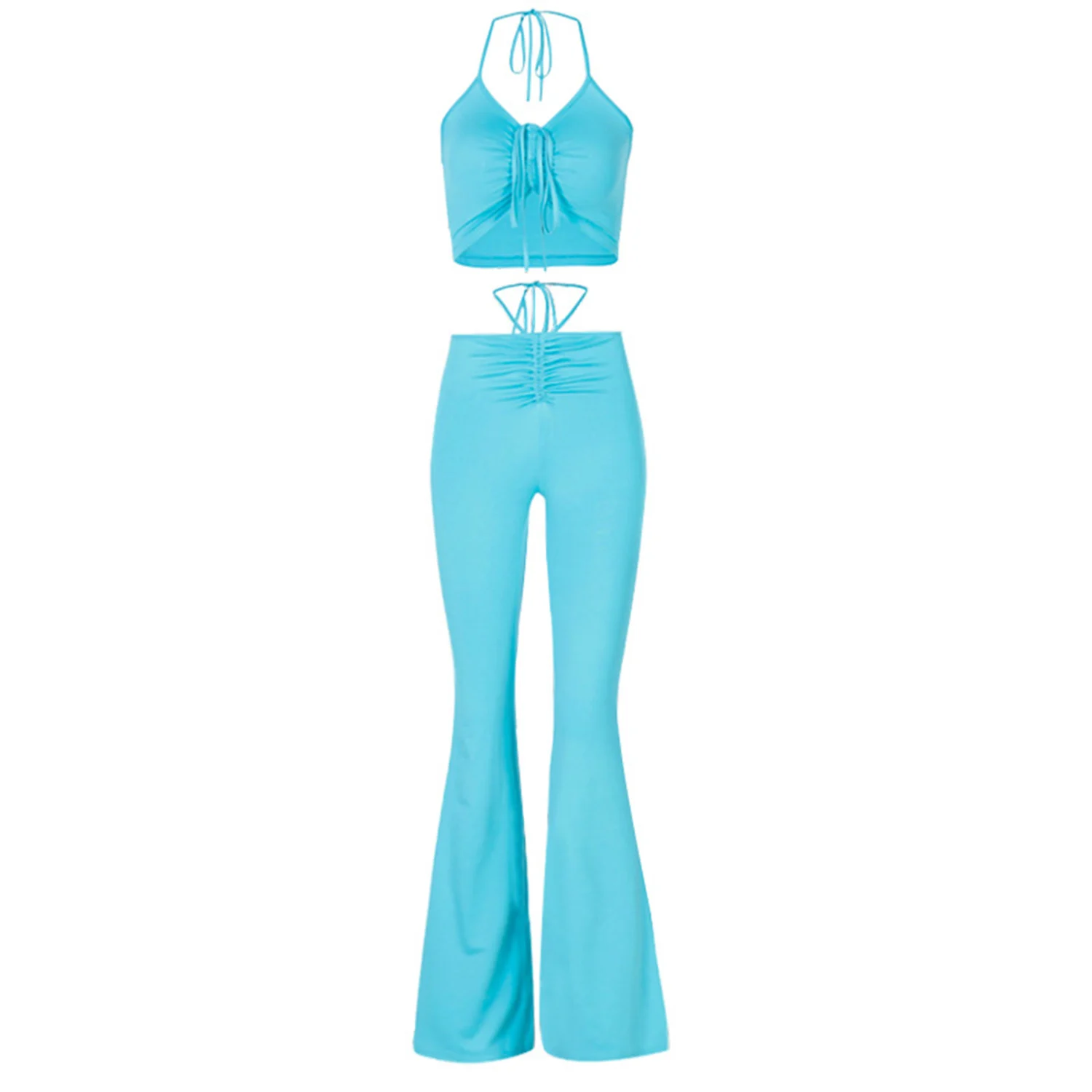 Women Solid Color Clothes Set, Drawstring Tops + Flared Trousers