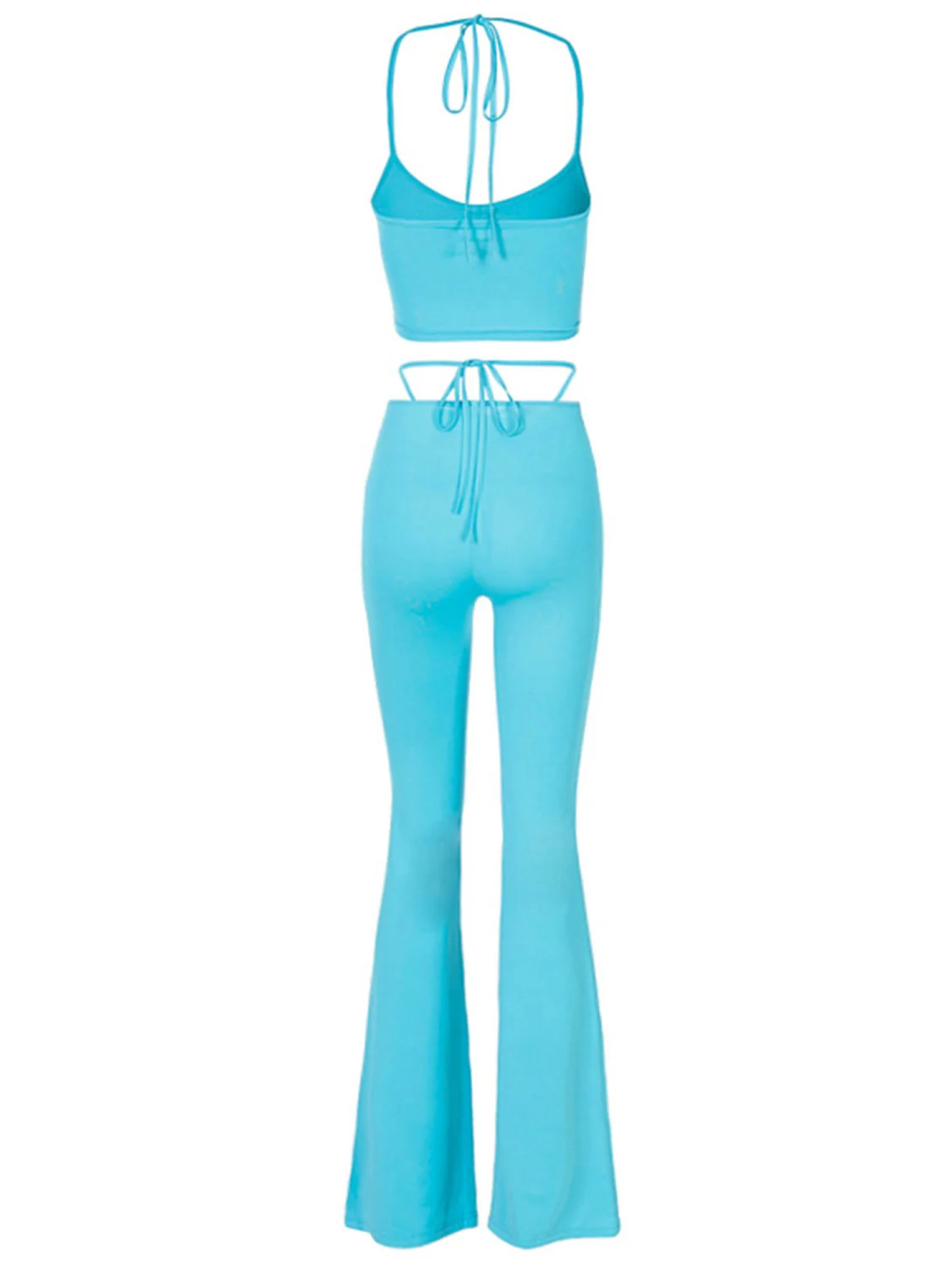 Women Solid Color Clothes Set, Drawstring Tops + Flared Trousers