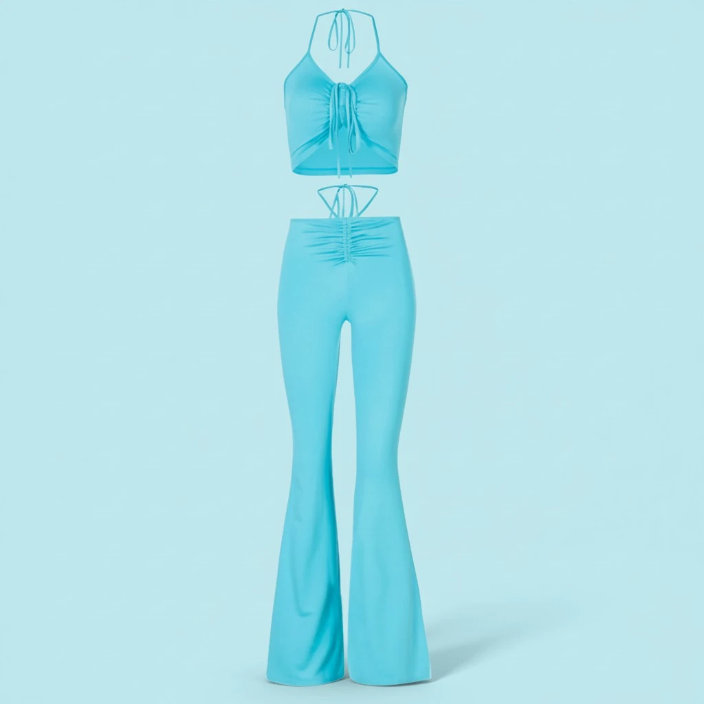 Women Solid Color Clothes Set, Drawstring Tops + Flared Trousers