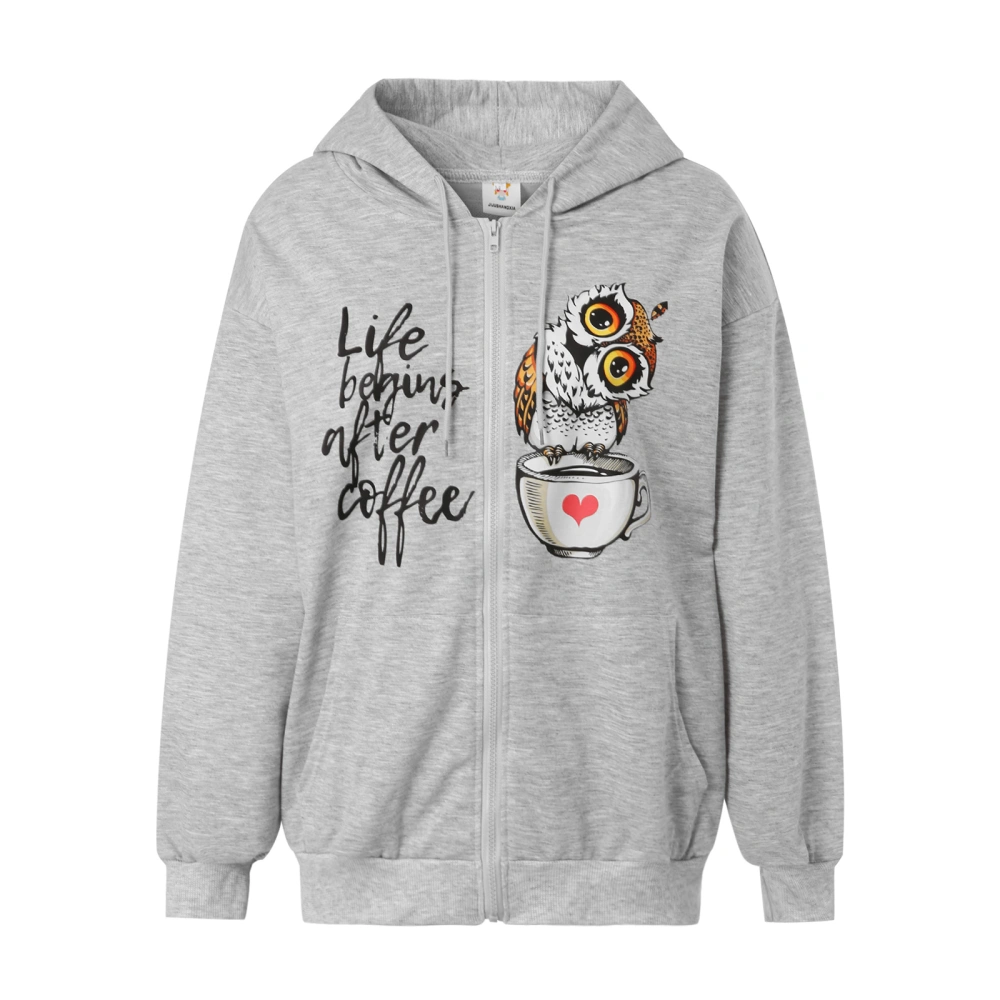 Women Casual Outwear, Animal Letter Long Sleeve Zipper Sweatshirt