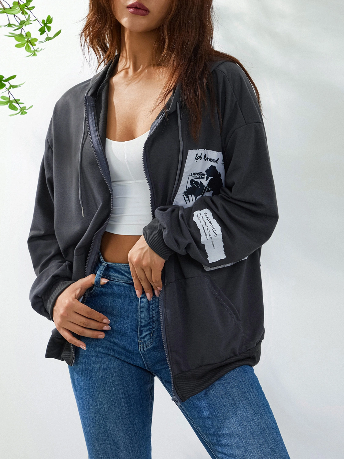 Women Hooded Sweatshirt with Smooth Zipper, Chic Letter Clothing