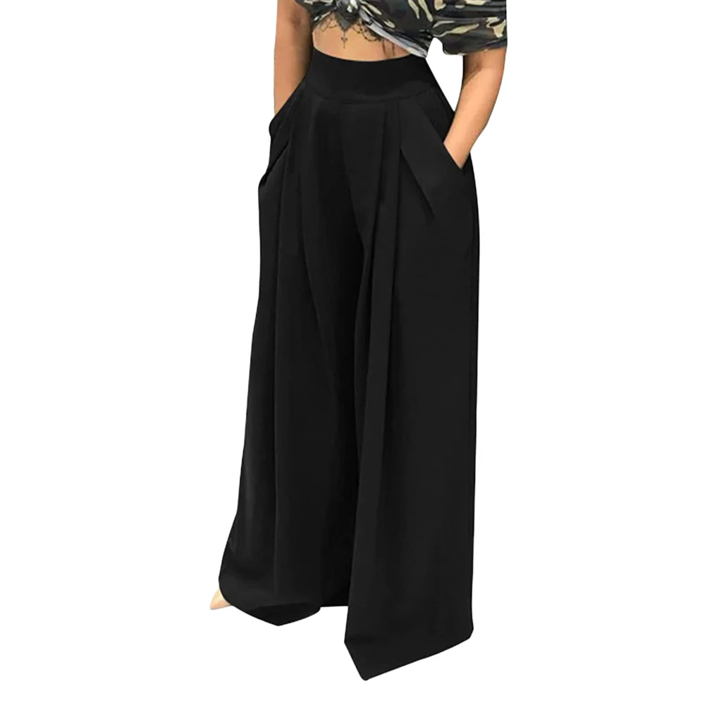 Women's Wide-Leg Pants, Solid Color High Waist Trousers with Pockets