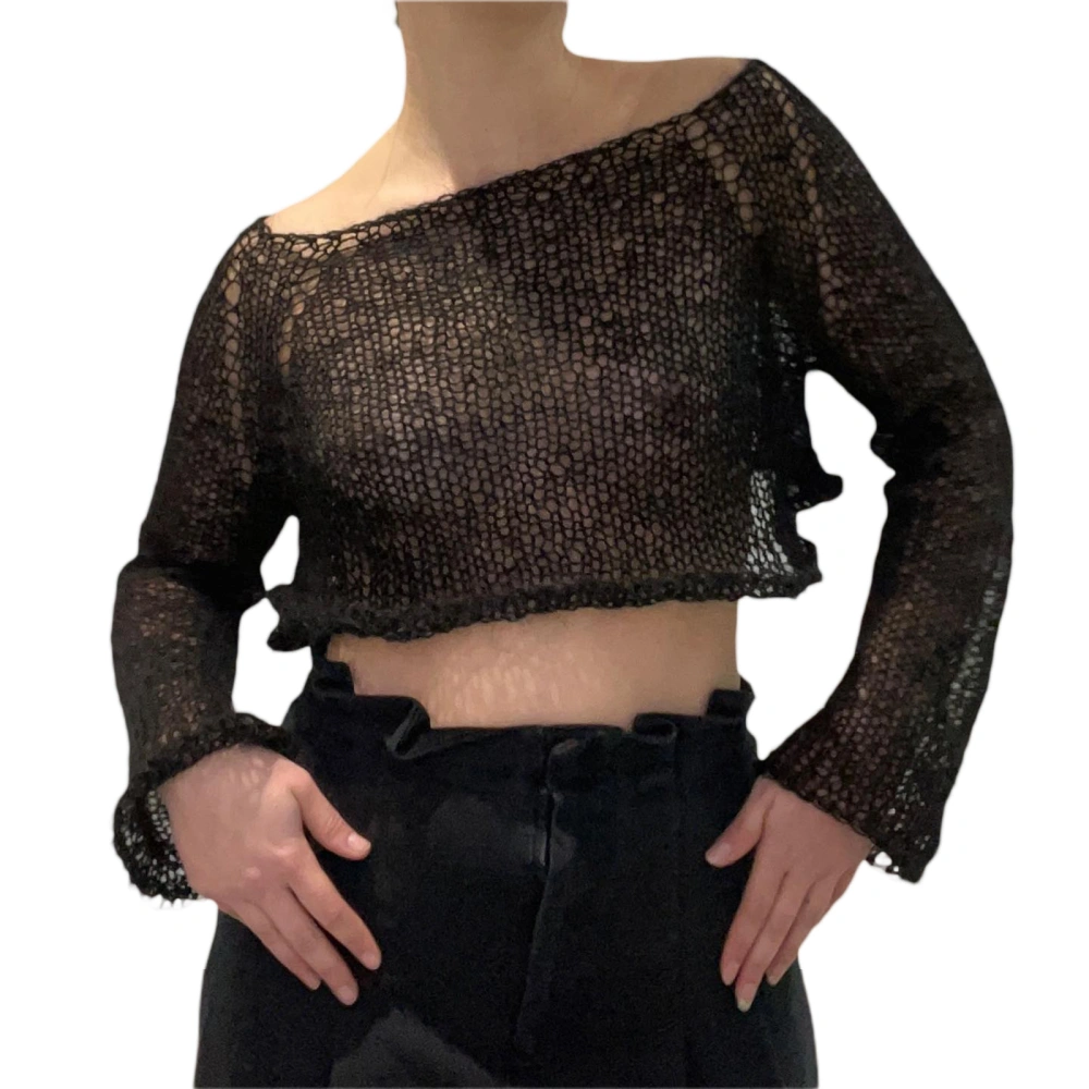 Women Knitwear Long Sleeve Solid Color Hollow-out Loose Knit Crop Tops