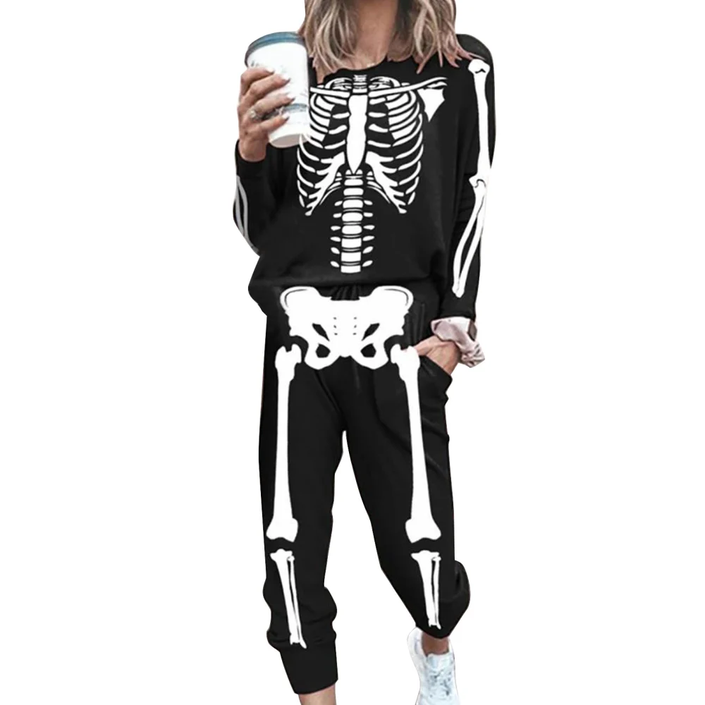 Women Halloween Clothes Set, Black Skeleton Print Pullover and Pants