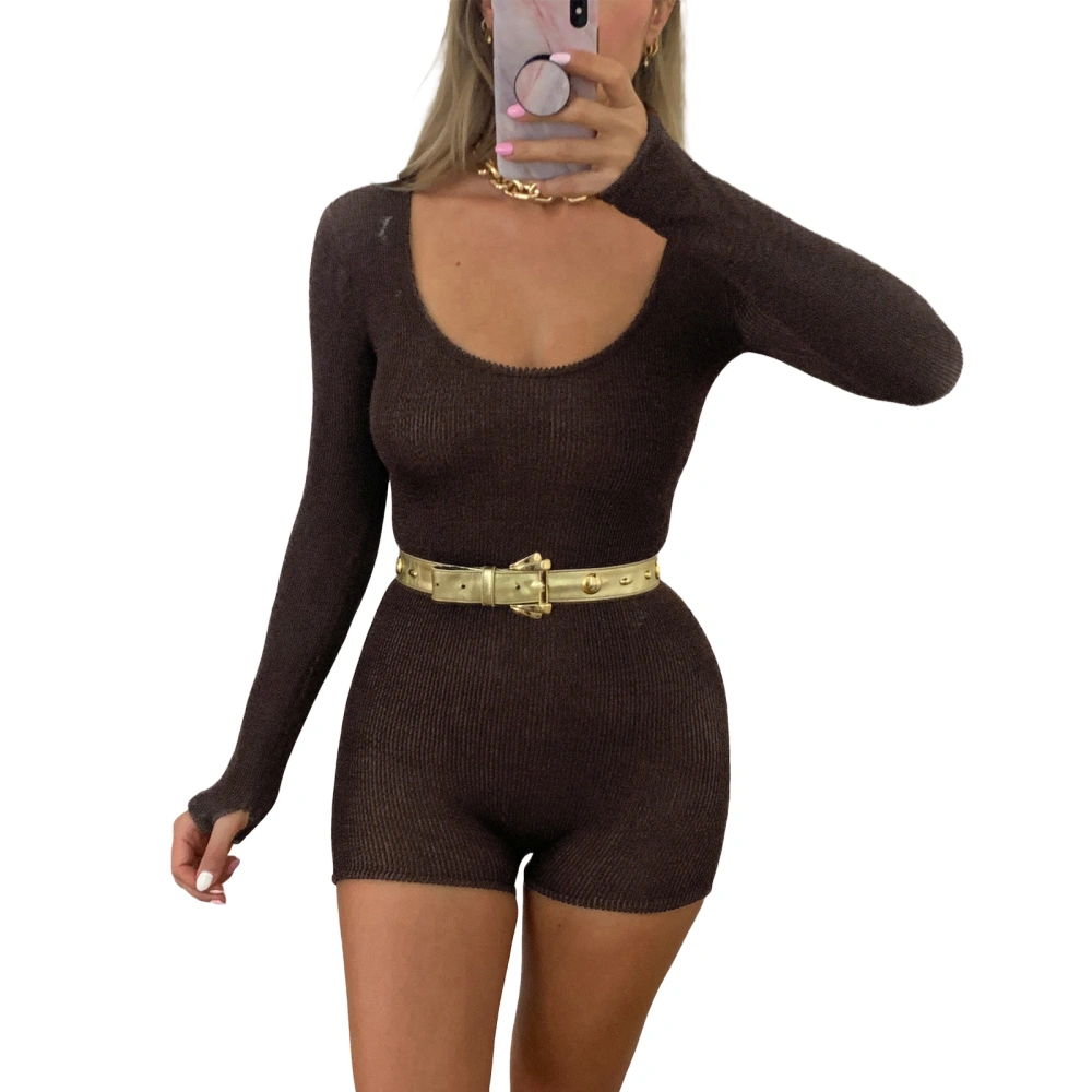 Women's Scoop Neck Romper, Long Sleeve Ruched Jumpsuit Shorts 