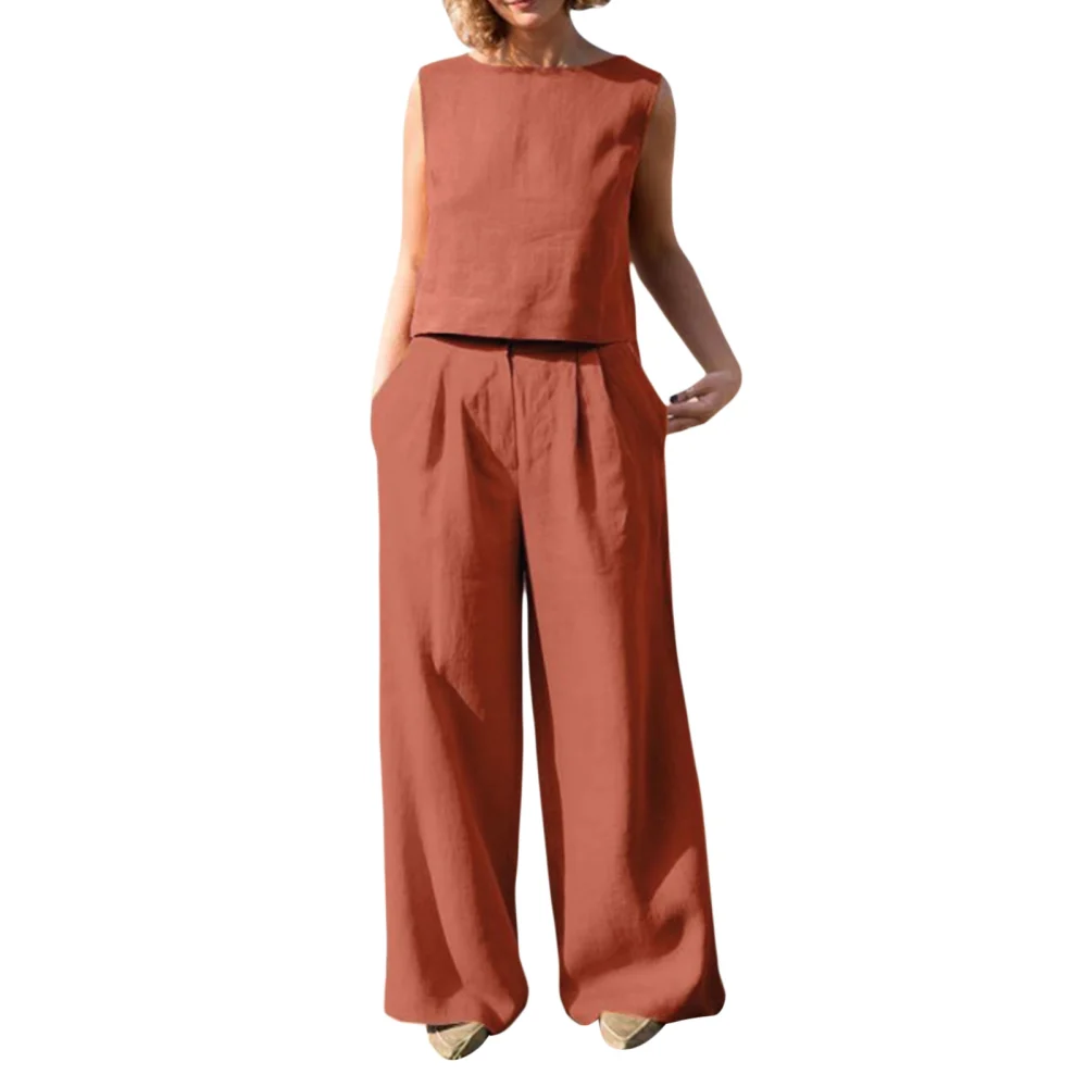 Women's Pants Set Solid Color Sleeveless Tops Wide Leg Trousers