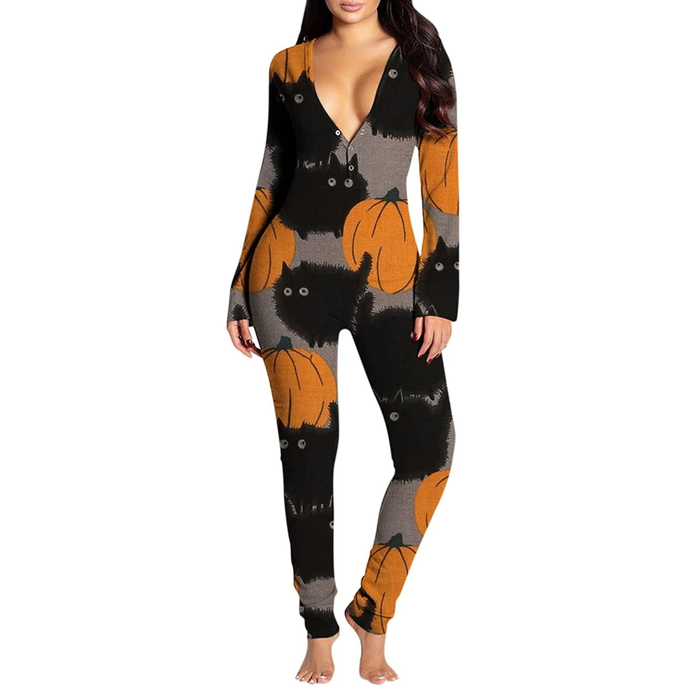 Women Halloween Jumpsuit, Pumpkin Print V-Neck Long Sleeves Bodysuit