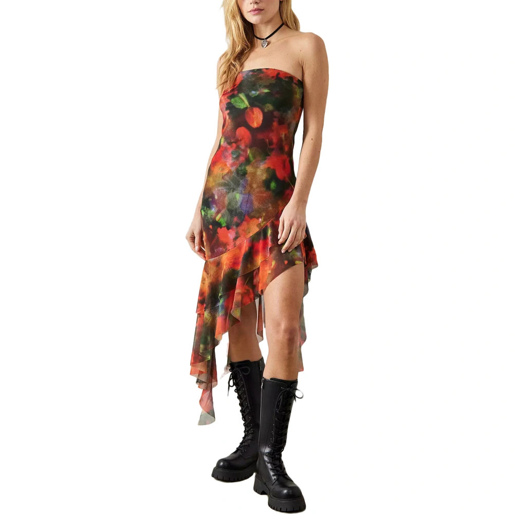 Women Tube Dress, Strapless Tie-dye Print Irregular Ruffled Dress