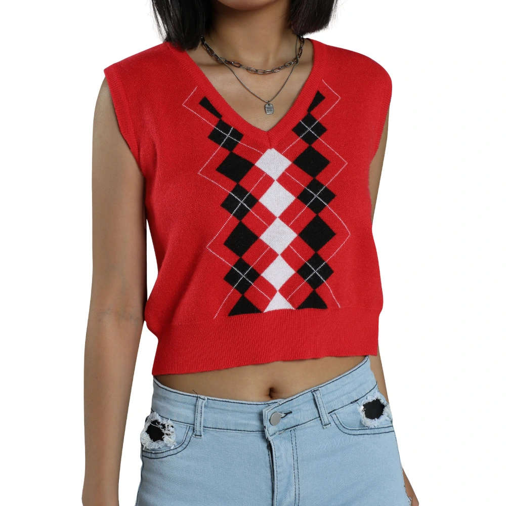 Women V-neck Knitted Vest, Red Plaid Printing Sleeveless Tops