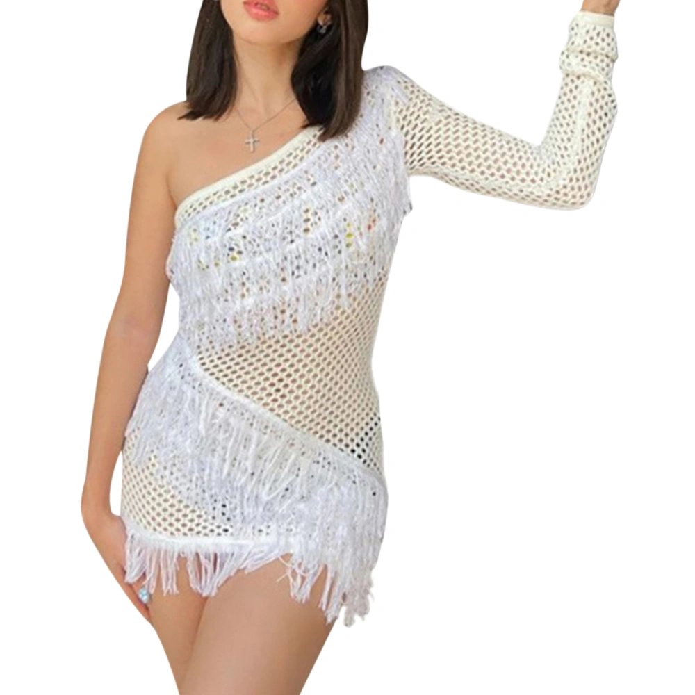 Ladies Dress One Shoulder Long Sleeve Cutout Knitted Fringe Dress