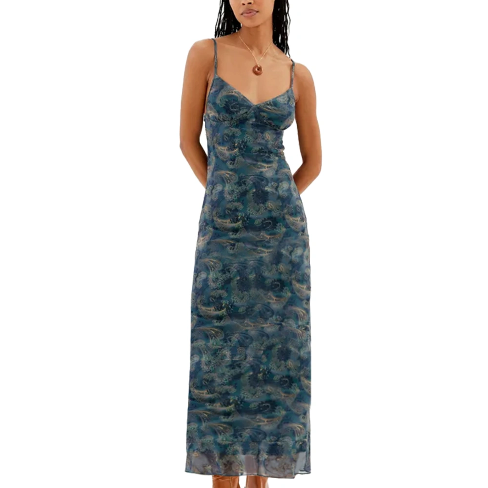 Women Slip Dress Sleeveless V-neck Slip Dress Graphic Print Long Dress