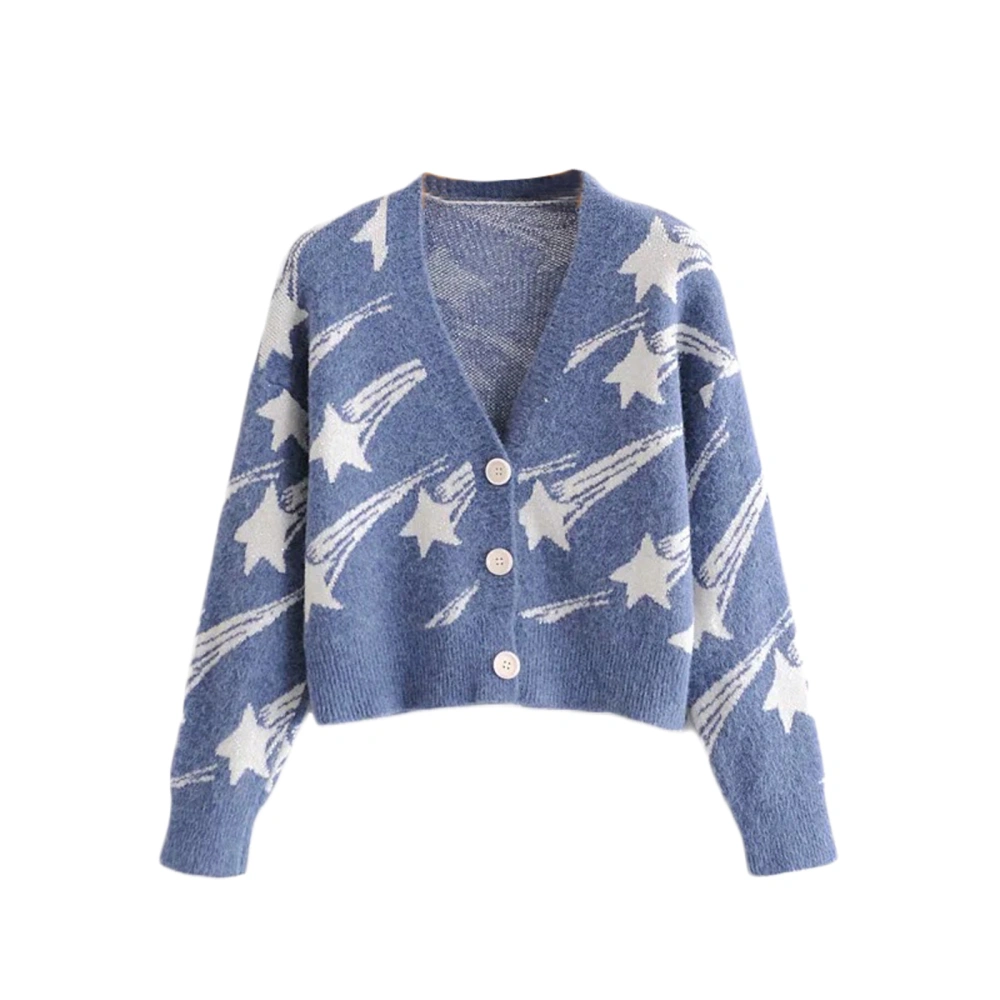 Women Knitting Long Sleeve V Neck Star Buttons Fall Spring Loose Coat 