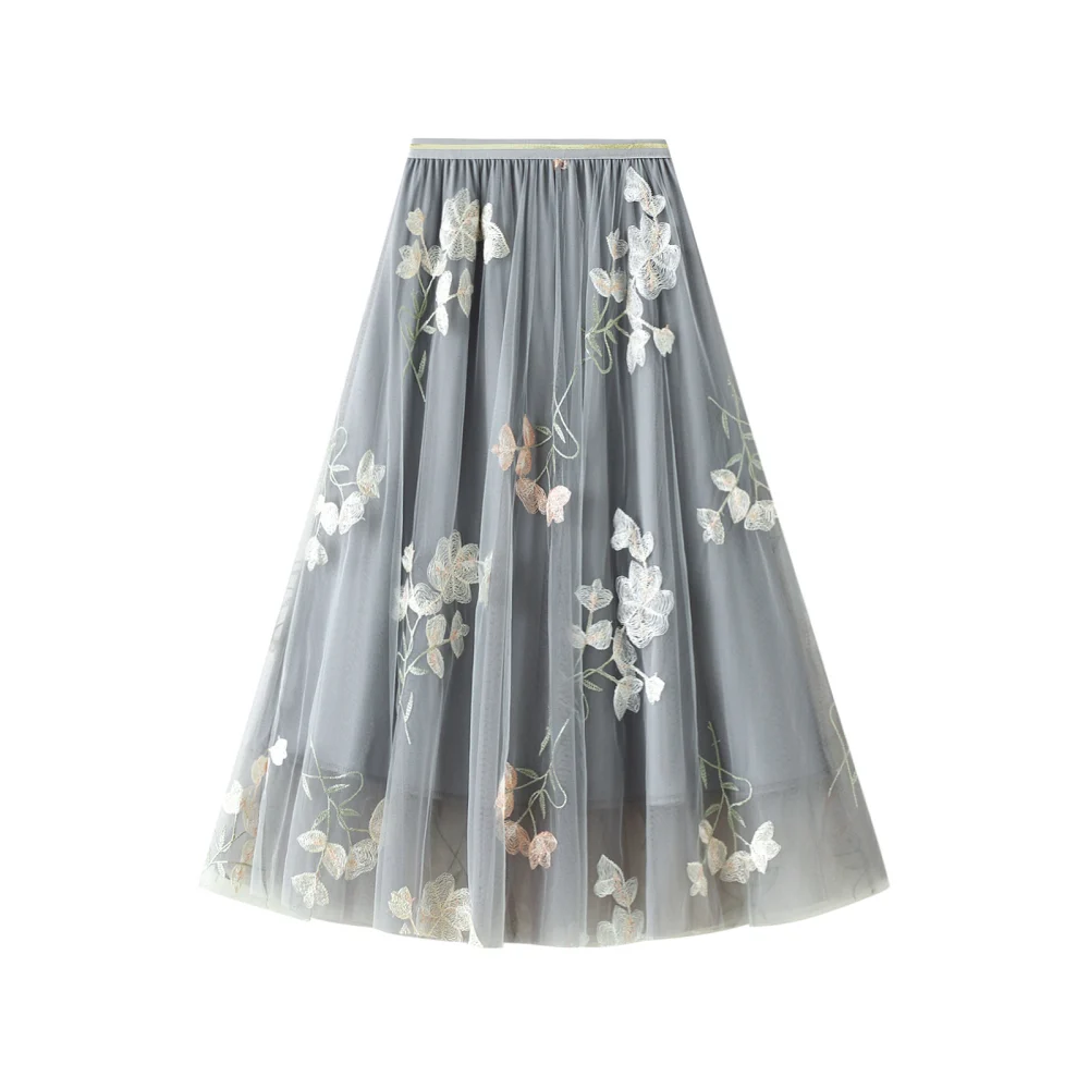 Women Pleated Midi Tulle Skirts, High Waist Floral Embroidery Skirt