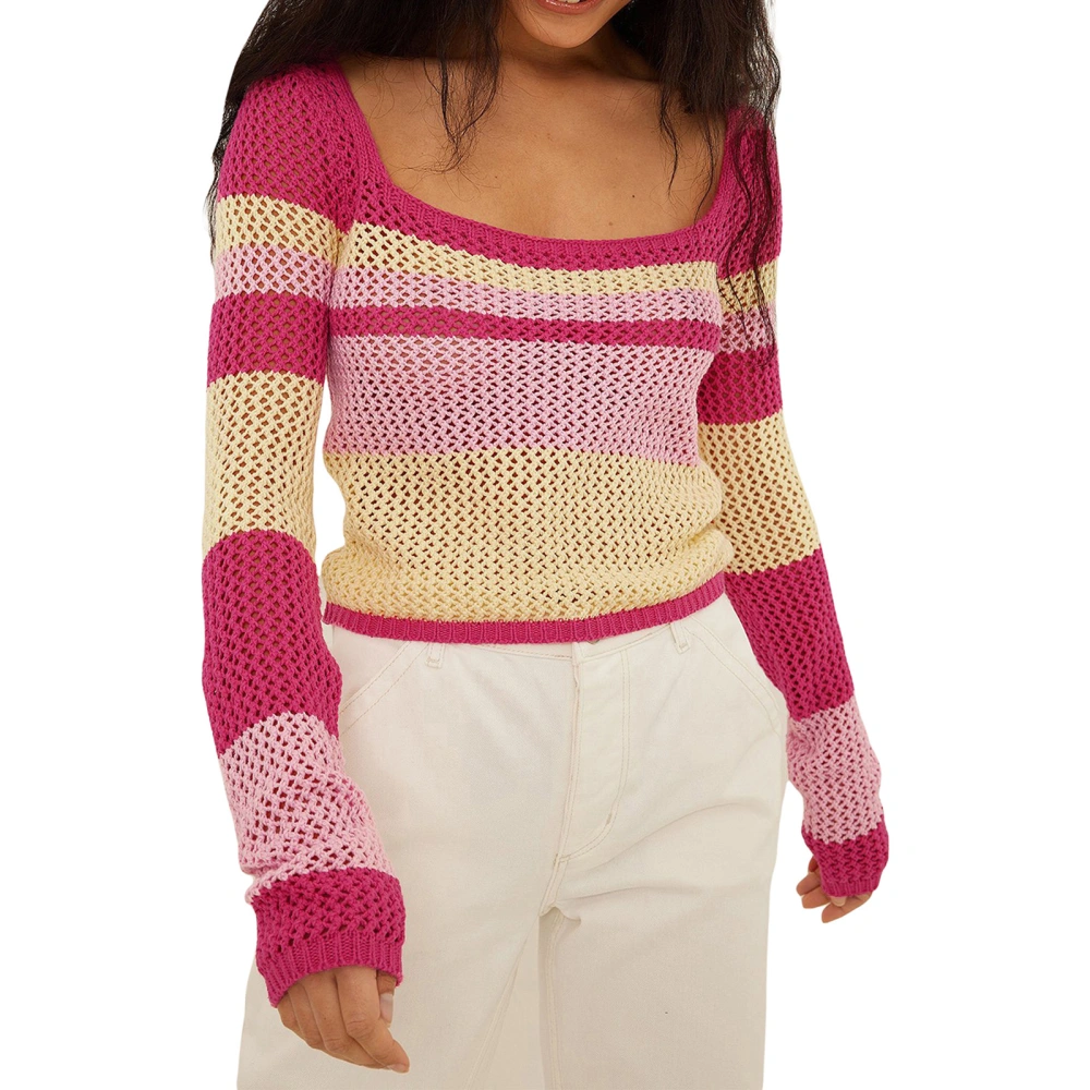 Female Tops, Contrast Color U-Neck Long Sleeve Hollow Out Knitwear