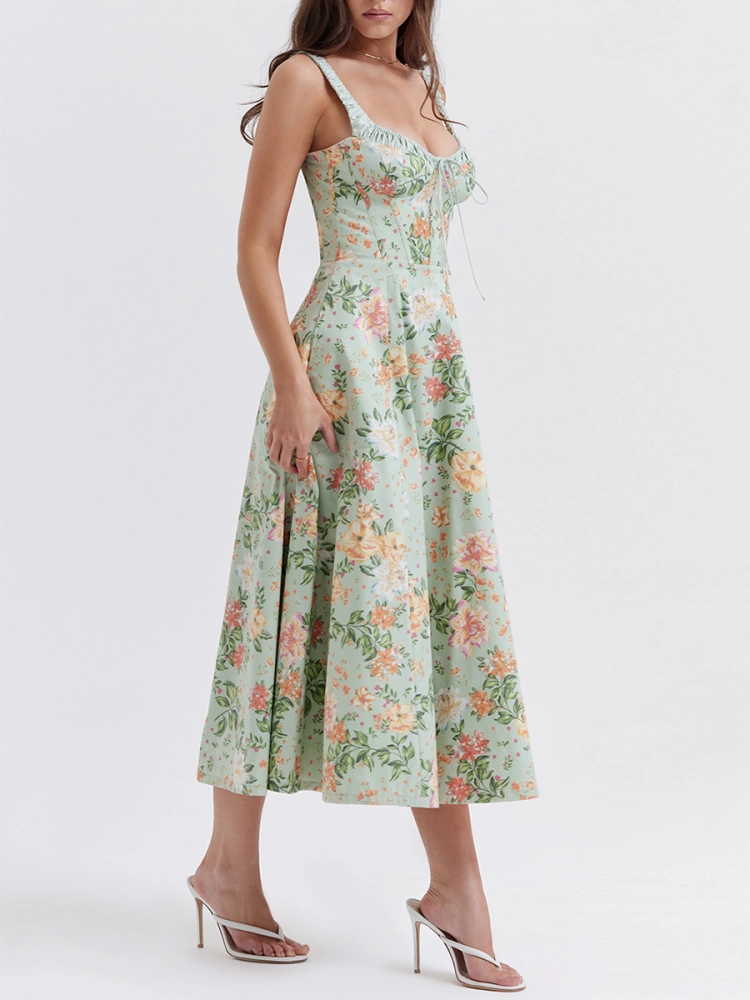 Women Summer Casual Midi Dress Floral Print Low-Cut Sling Dress