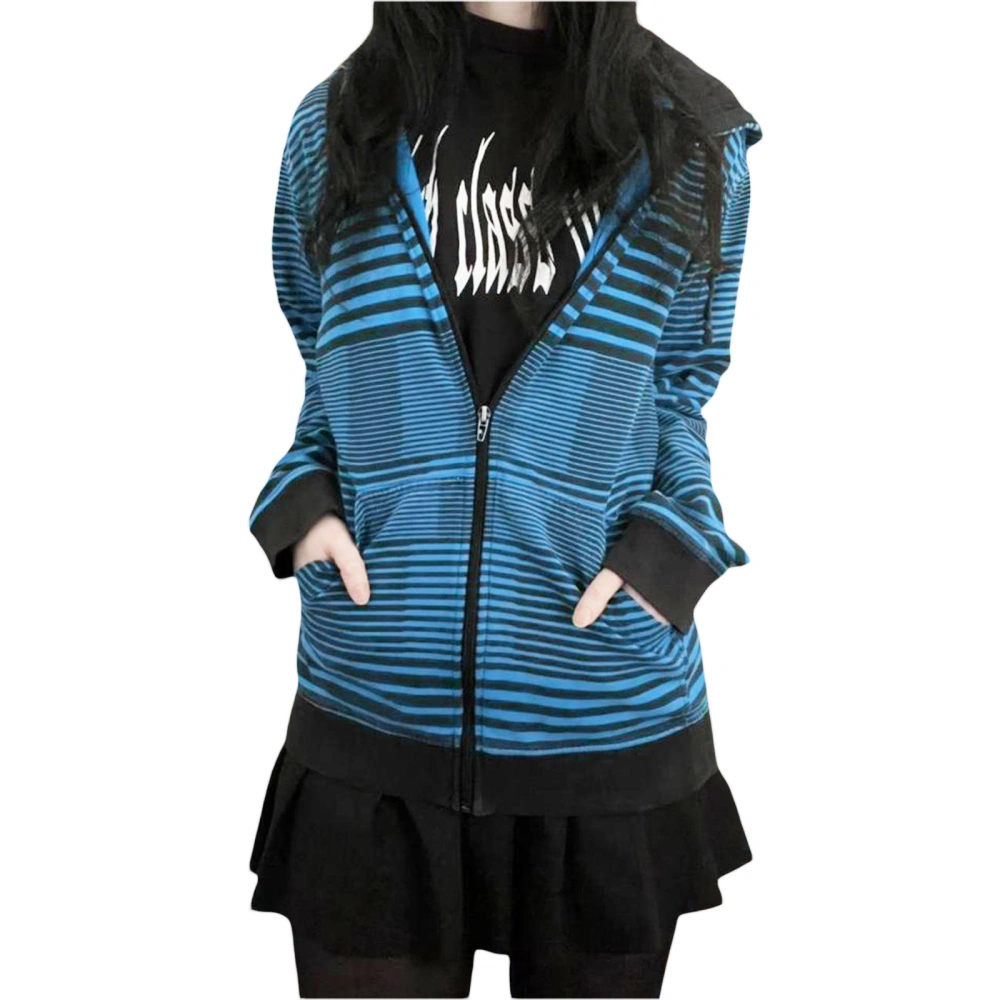 Women Hoodies Stripe Drawstring Hooded Long Sleeve Zipper Sweatshirt