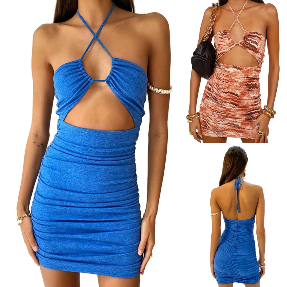 Women’s Solid Color/Printing Backless Halter Tie-up Skinny Dress