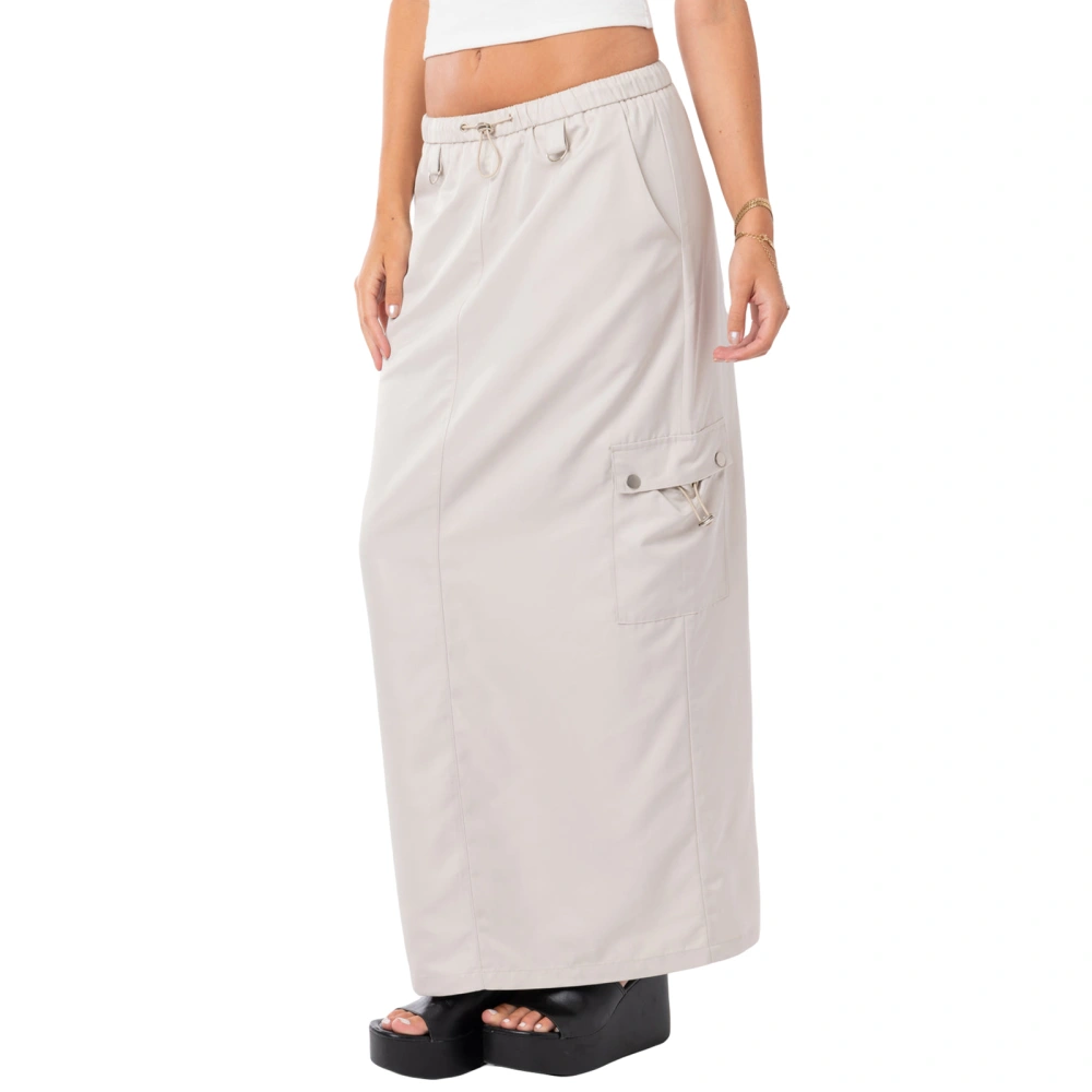 Women's Long Skirt, Drawstring Back Split Skirts with Multi-Pockets