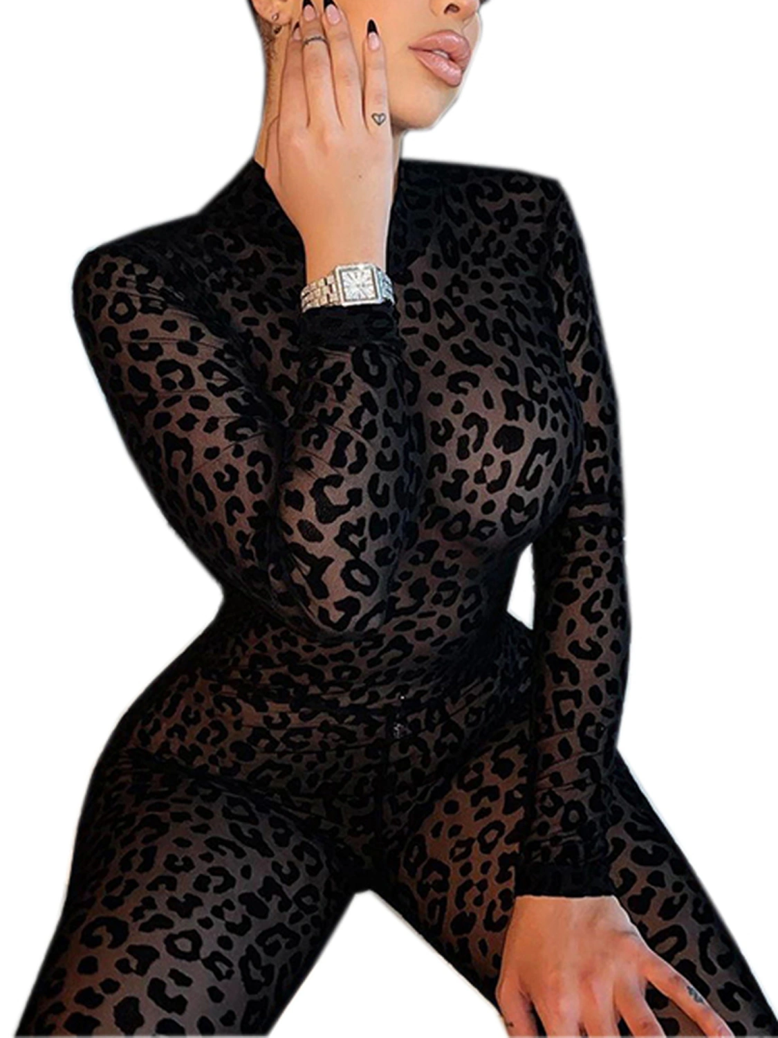 Women's O-neck High Waist Jumpsuit, Casual Leopard Printing Romper
