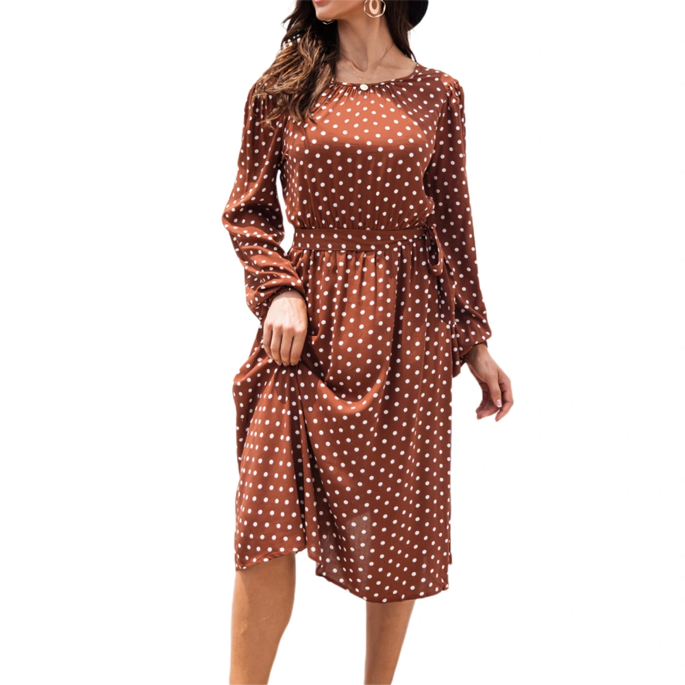 Women Pots Printing Dress, Round Collar Long Sleeves One-piece