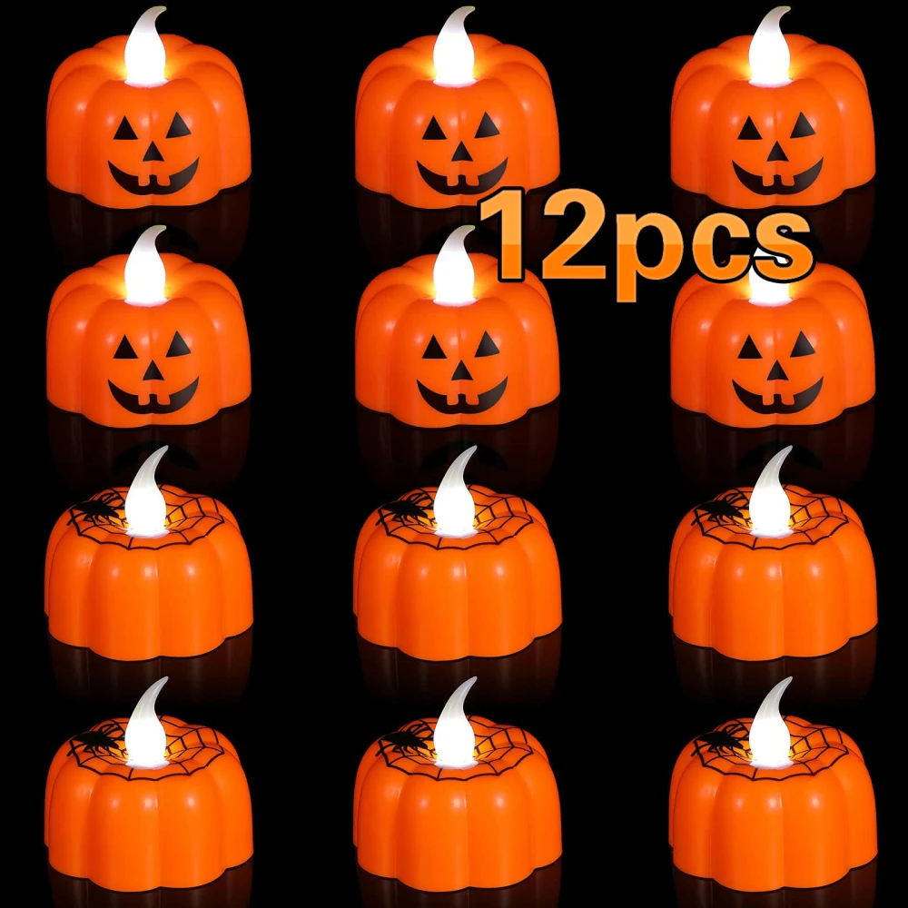 12 Pieces Pumpkin Flameless Tealight Candles LED Face Tealight Battery Operated Flickering Fake Electric Mini Plastic Candle Warm Yellow for Halloween Holiday Party Favors Indoor Outdoor Decor