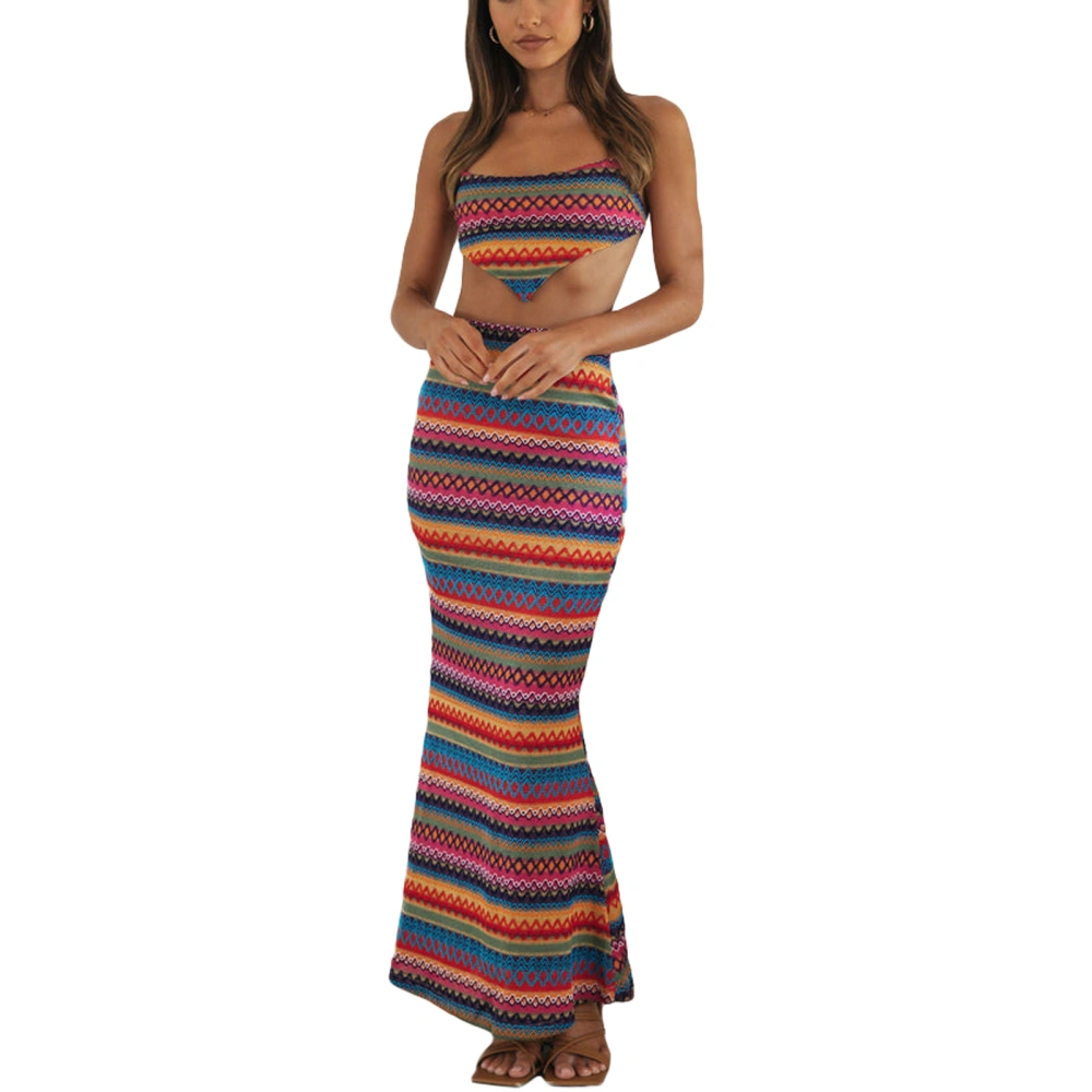 Women's Sleeveless Colorful Stripe Cami Tops Long Bodycon Skirt Set