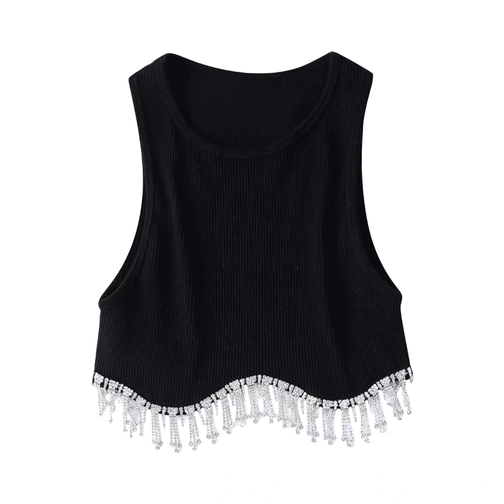 Ladies Tank Tops Rhinestone Tassel Hem Sleeveless Round Neck Tops