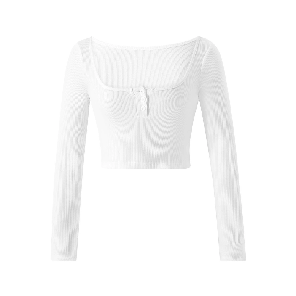 Women Crop Knitting Tops Long Sleeve Square Neck Buttons Shirt 