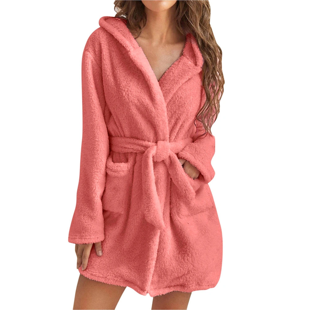 Women's Winter Solid Color Long Sleeve Hooded Nightgown with Belt