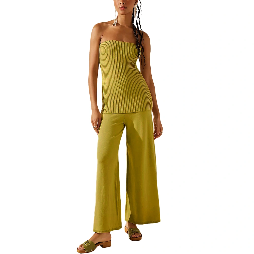 Women Pants Set Strapless Backless Ribbed Tube Top with Wide Leg Pants