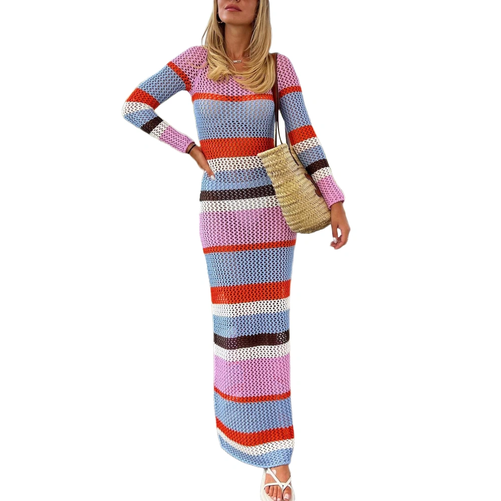 Women's Knitted Dress, Square Neck Long Sleeve Striped Cutout Dress