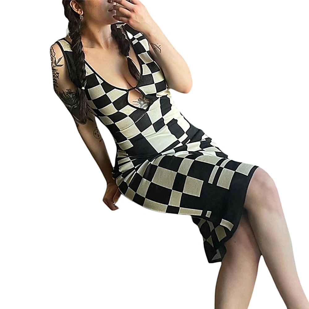 Female Plaid V-Neck Sleeveless Knitted Dress Hollow Out Sundress