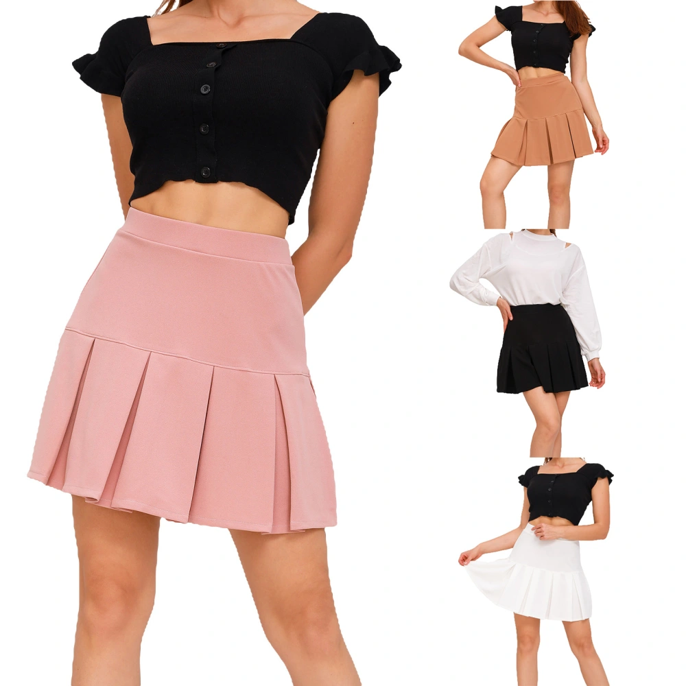 Women Mini Pleated Skirt, Elastic High Waist Solid Color A-Line Skirt