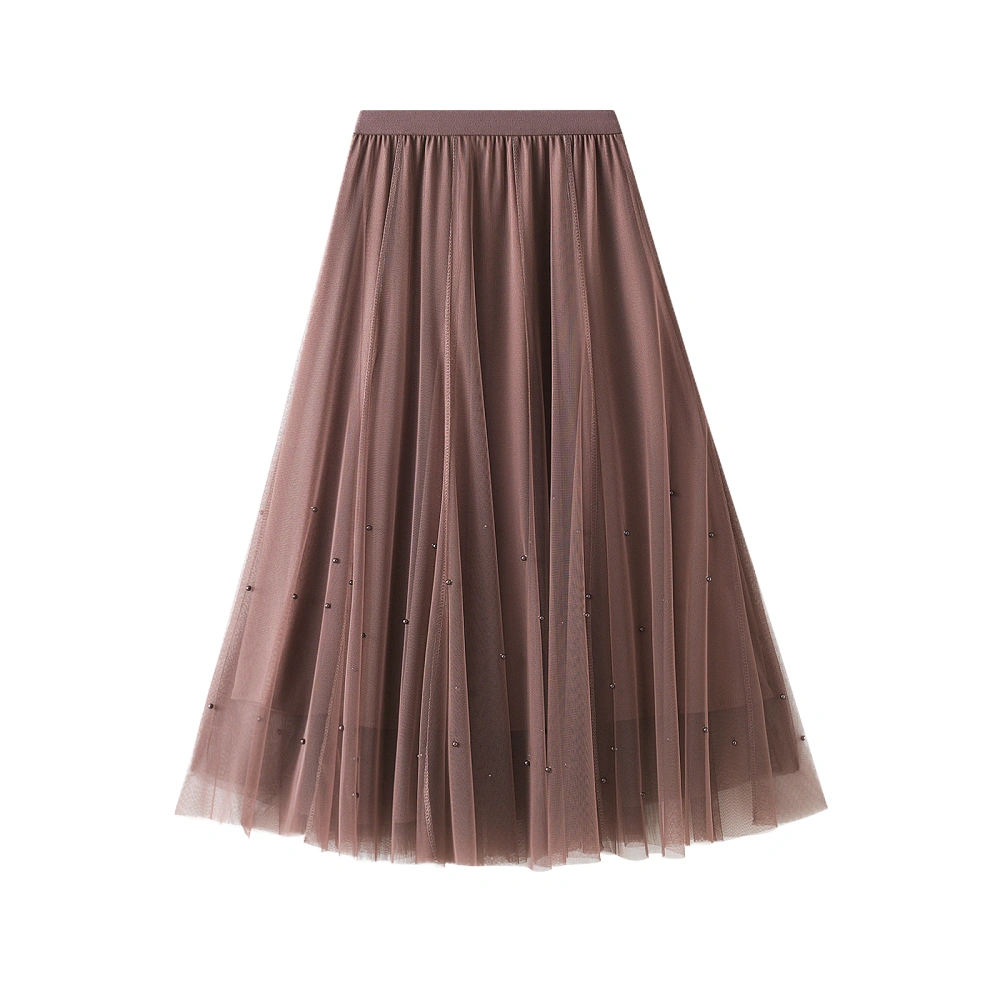 Women Tea Skirt, Plain Beaded 3-Layer High Waist Calf-Length Skirts