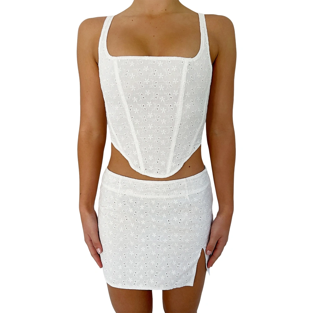 Women Summer 2-Piece Outfits Lace Crochet Bandage Camisole and Skirt