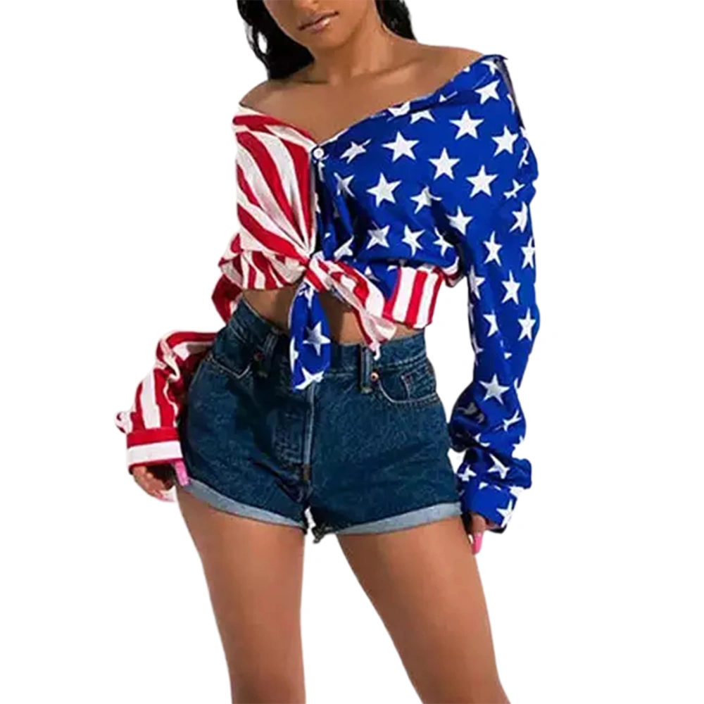 Independence Day Asymmetric Star & Stripe Print Long Sleeve Shirt