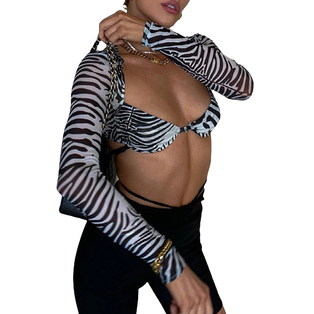 Women's Crop Tops, Long Sleeve Solid Color/Zebra Print T-Shirt