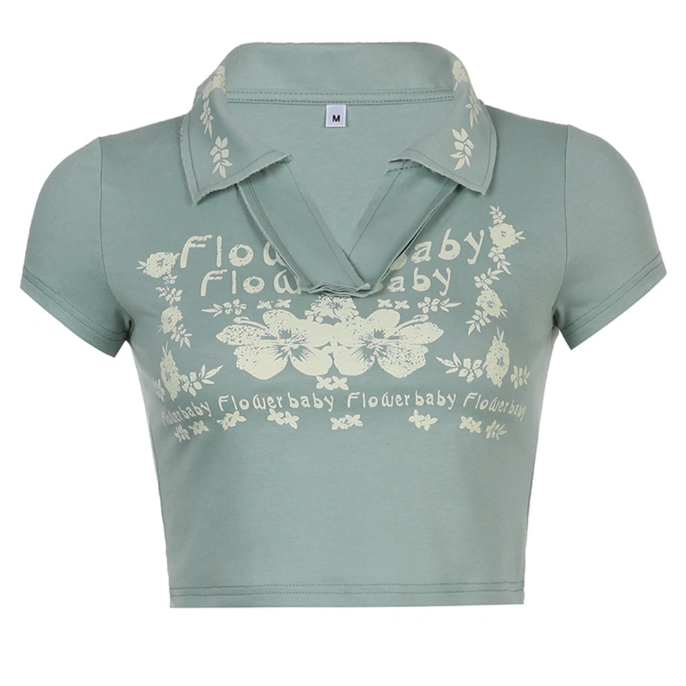 Women Short Sleeve Tops with Lapel, Letter Floral Print Clothing