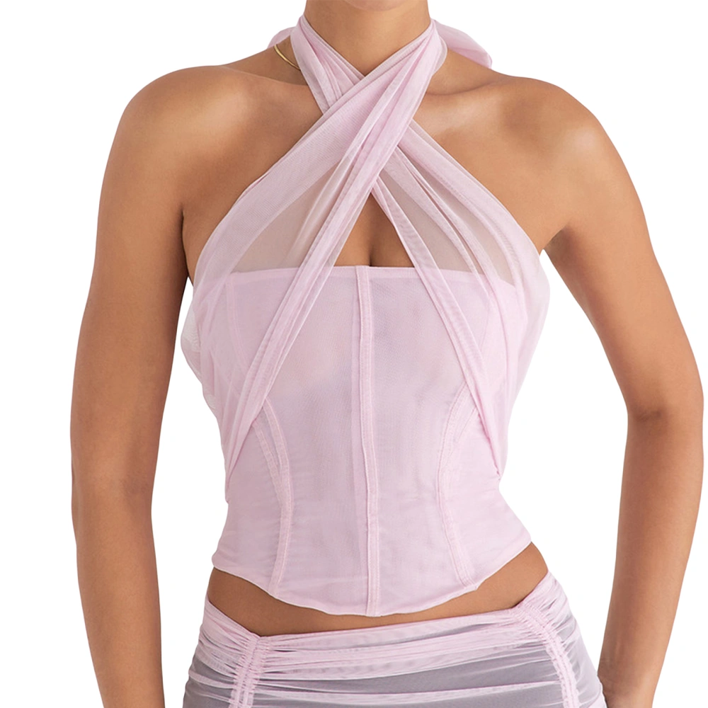 Women Halterneck Tops Corset Mesh Bandage Backless Sleeveless Tops