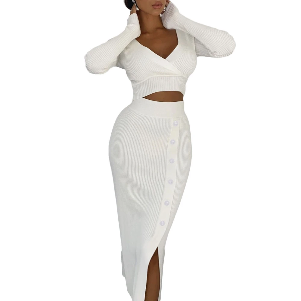 Women Knitted Long Skirt, Elegant High Waist Solid Slit Fall Skirt