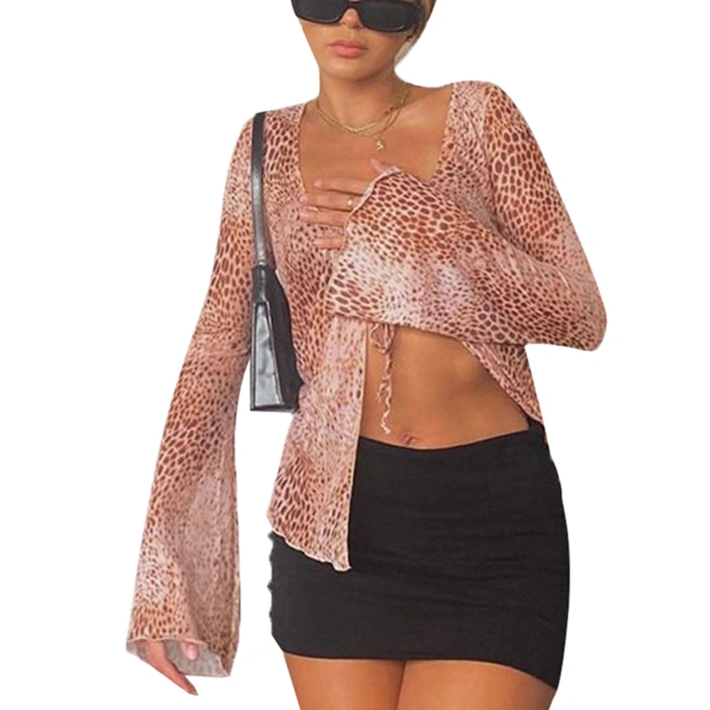 Women’s Fashion Leopard Print V-neck Trumpet Sleeve Tie-up Cardigan